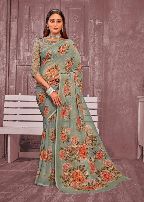 608012 Heavy Georgette Crepe Digital Flower Print Saree