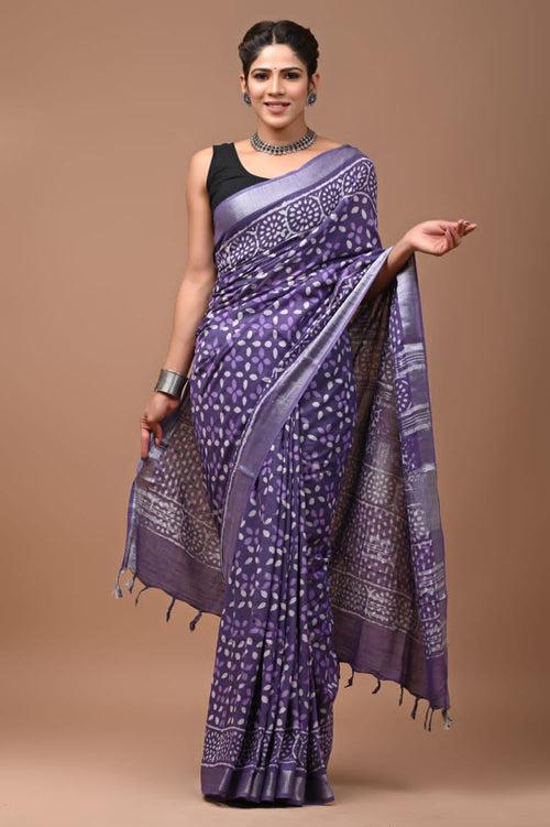 603008 Pure Linen Cotton Handblocked Printed Saree