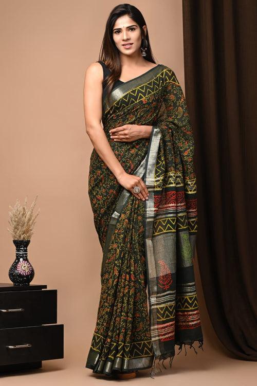 603006 Pure Linen Cotton Handblocked Printed Saree