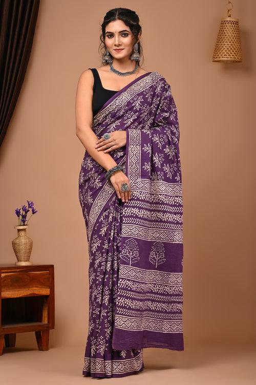 601010 Pure Mul Cotton Handblocked Printed Saree