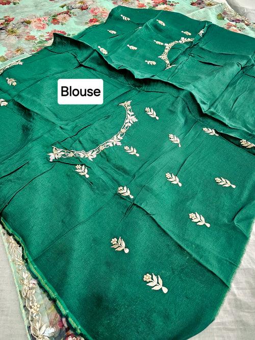 Designer Flower Printed Organza Saree With Heavy Gotapatti Hand Work