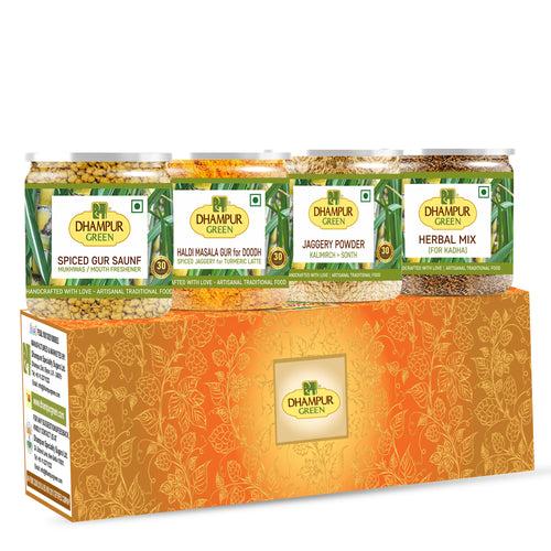 Dhampur Green Delightful Wellness Combo-Spiced Gur, Haldi Masala Gur, Spiced Jaggery saunf, Kalimirch-Sonth, Herbal Kadha Infusion for Kadha-1200gm