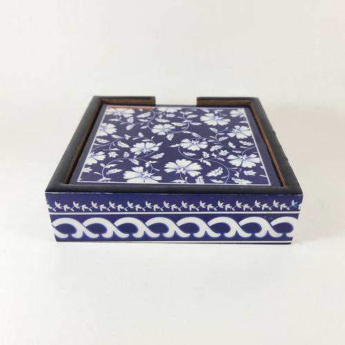 Blue Pottery Coaster with Holder (Set of 4)