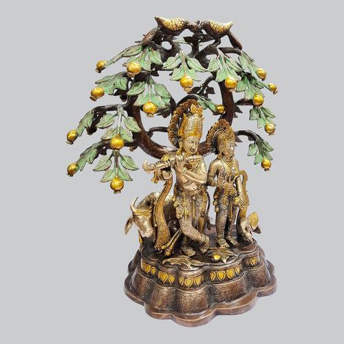 Brass Radha Krishna with Cow Under Tree 3 Tone Finish 21 in