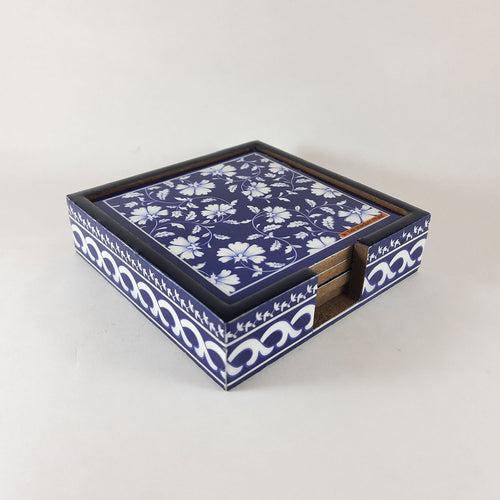 Blue Pottery Coaster with Holder (Set of 4)