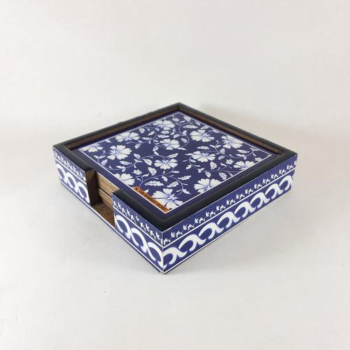 Blue Pottery Coaster with Holder (Set of 4)