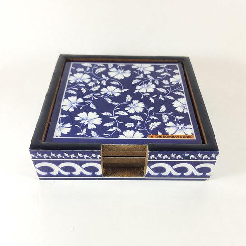 Blue Pottery Coaster with Holder (Set of 4)
