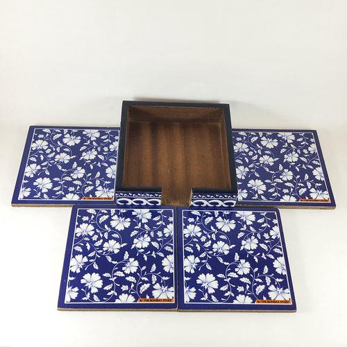 Blue Pottery Coaster with Holder (Set of 4)