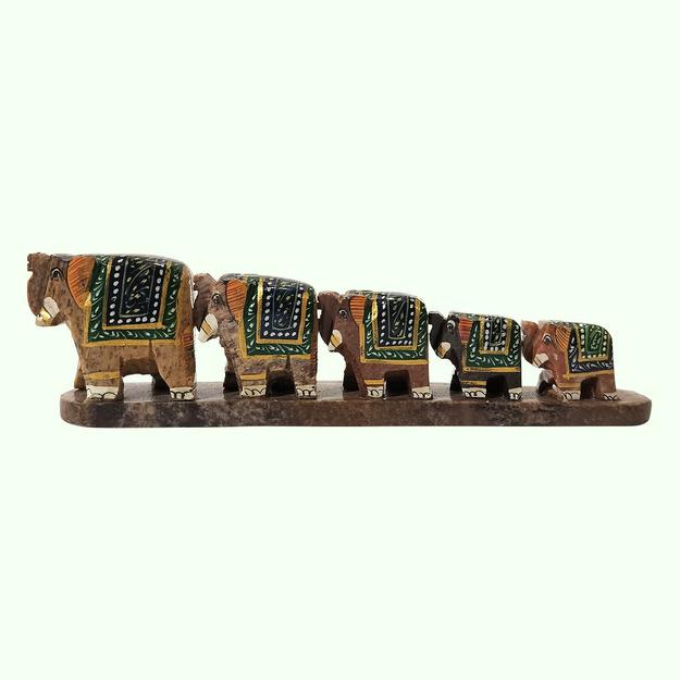 Softstone Hand Painted Elephant Procession on Base 5 in