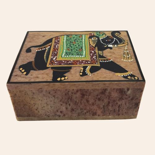 Softstone Hand Painted Box with Elephant Painting 4 x 3 in