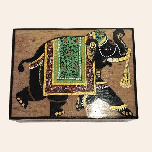 Softstone Hand Painted Box with Elephant Painting 4 x 3 in