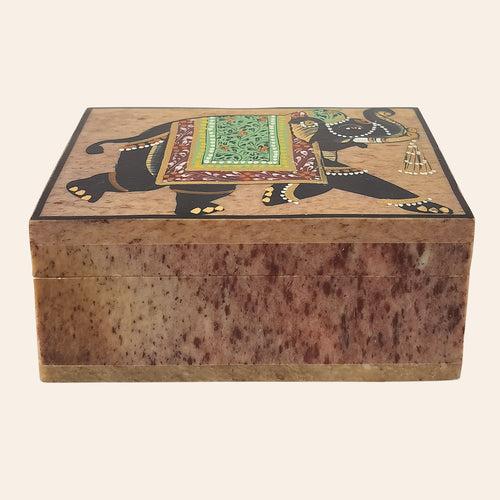 Softstone Hand Painted Box with Elephant Painting 4 x 3 in