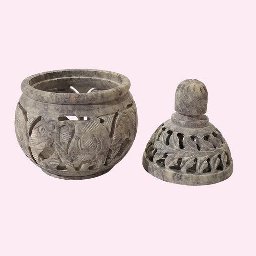 Softstone Round Pot with Elephant Carving 3.5 in