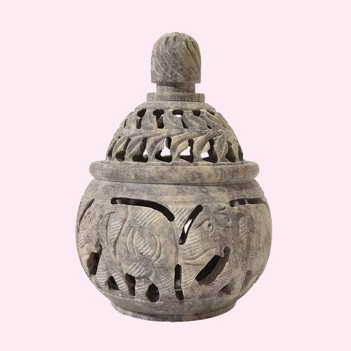 Softstone Round Pot with Elephant Carving 3.5 in