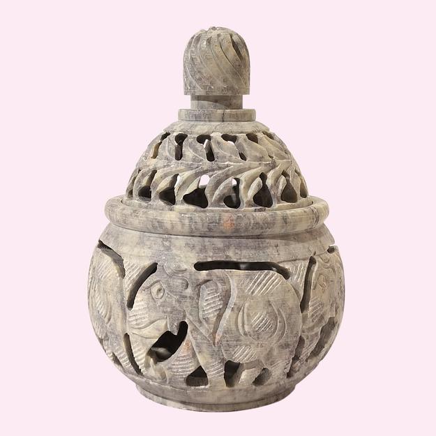 Softstone Round Pot with Elephant Carving 3.5 in