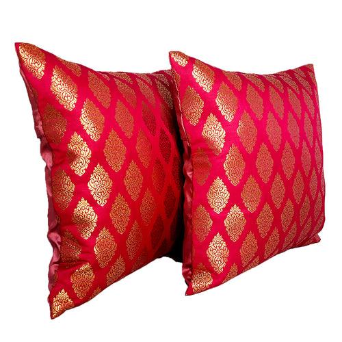 Zari Brocade Cushion Cover - Set of 2 (Assorted Colour & Design) 12 x 12 in