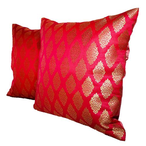 Zari Brocade Cushion Cover - Set of 2 (Assorted Colour & Design) 12 x 12 in