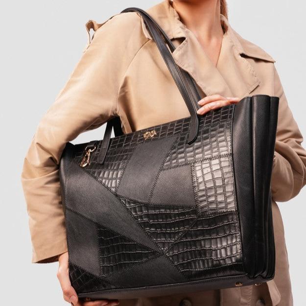 90 Feet Laila Black Textured Leather Tote Bag