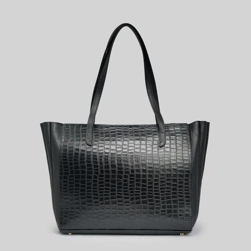 90 Feet Laila Black Textured Leather Tote Bag