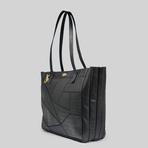 90 Feet Laila Black Textured Leather Tote Bag