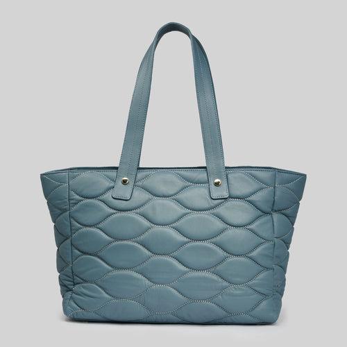 90 Feet Malini Quilted Teal Grey Leather Tote Bag