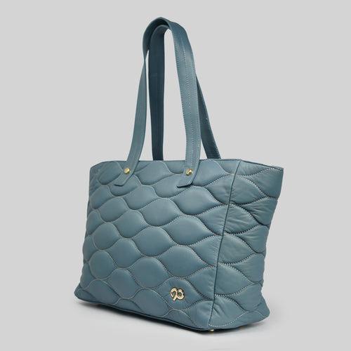 90 Feet Malini Quilted Teal Grey Leather Tote Bag