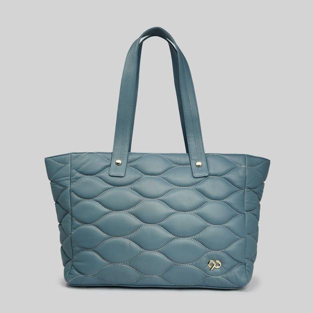 90 Feet Malini Quilted Teal Grey Leather Tote Bag