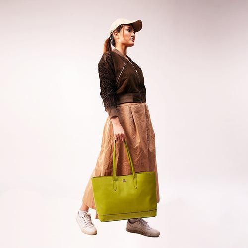 90 Feet Malti Classic Lime Green Real Leather Tote Bag