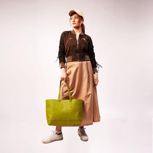 90 Feet Malti Classic Lime Green Real Leather Tote Bag