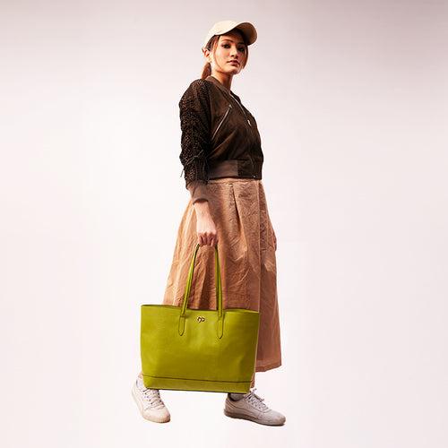 90 Feet Malti Classic Lime Green Real Leather Tote Bag