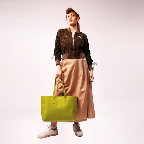 90 Feet Malti Classic Lime Green Real Leather Tote Bag