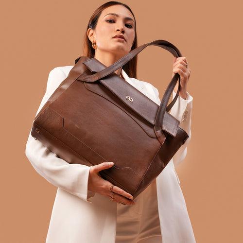 90 Feet Tara Dark Brown Leather Work Tote Bag (Large)