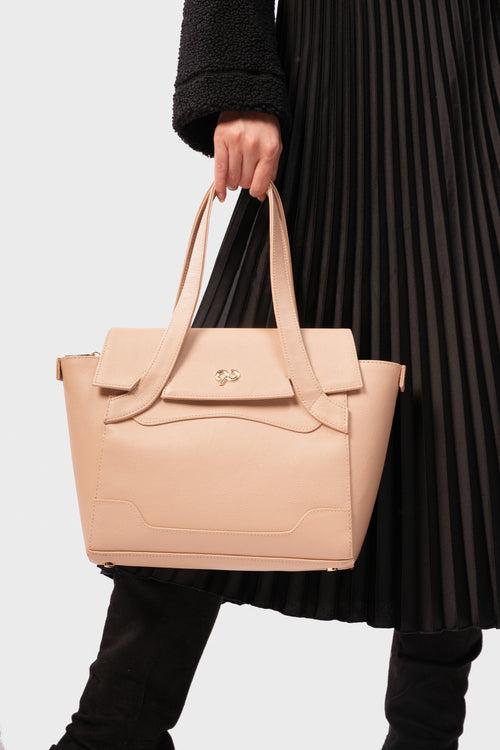 90 Feet Tara Mushroom Beige Leather Work Tote Bag (Medium)