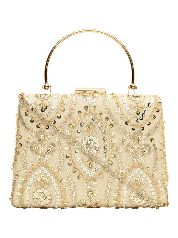 Horra Embellished Silk party Clutch - Light Gold