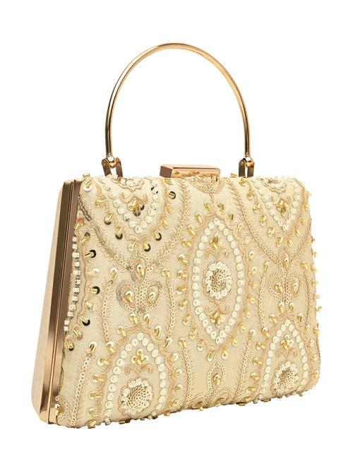 Horra Embellished Silk party Clutch - Light Gold