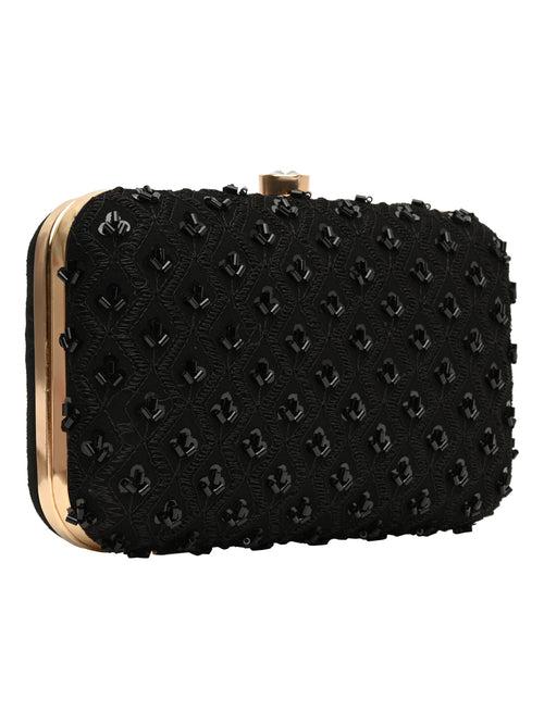 Horra Embellished Sequin Silk Party Clutch - Black