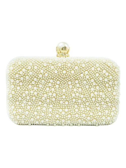 HORRA PEARL DESIGN PARTY CLUTCH WITH DETACHABLE CHAIN CREAM