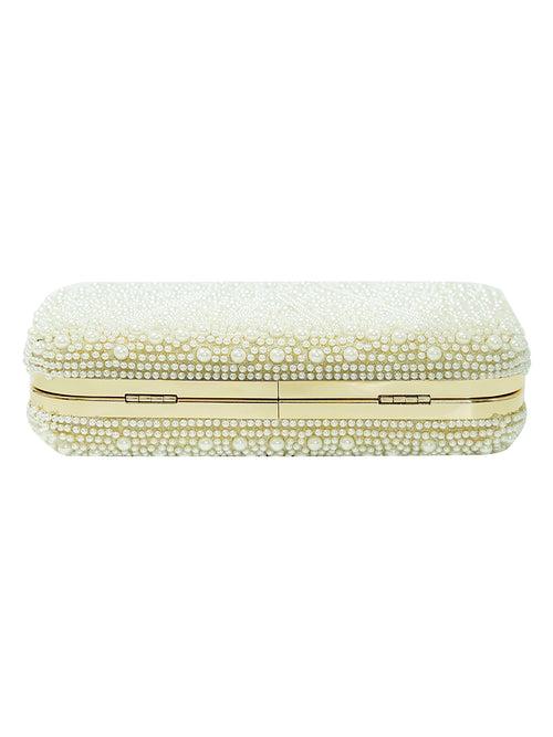 HORRA PEARL DESIGN PARTY CLUTCH WITH DETACHABLE CHAIN CREAM