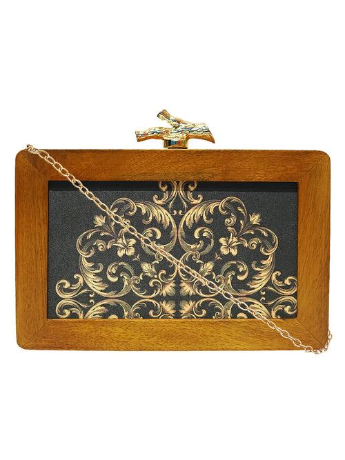 HORRA DESIGN PRINT WOODEN BOX CLUTCH BRONZE WITH DETACHABLE CHAIN