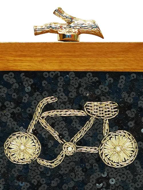 HORRA SEQUIN AND EMBROIDERY WOODEN BOX CLUTCH BLACK WITH DETACHABLE CHAIN