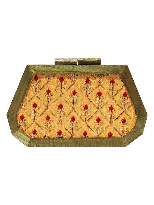 HORRA ZARI WORK WOODEN BOX CLUTCH MAROON WITH DETACHABLE CHAIN