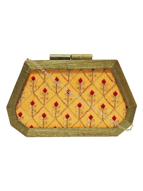 HORRA ZARI WORK WOODEN BOX CLUTCH MAROON WITH DETACHABLE CHAIN