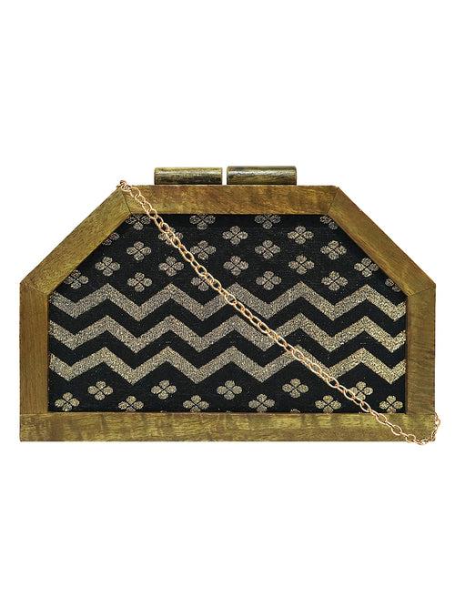 HORRA ZARI WORK WOODEN BOX CLUTCH BLACK WITH DETACHABLE CHAIN