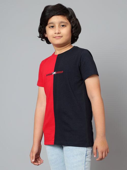 Cantabil Boy's Navy Blue Color Block Round Neck Half Sleeve T-shirt