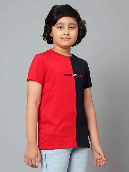 Cantabil Boy's Navy Blue Color Block Round Neck Half Sleeve T-shirt