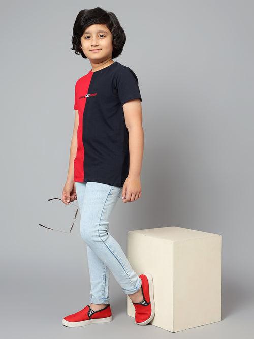 Cantabil Boy's Navy Blue Color Block Round Neck Half Sleeve T-shirt