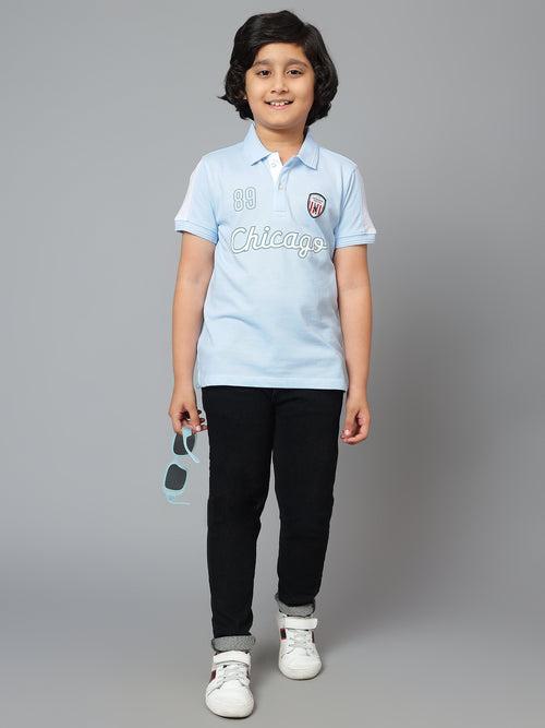 Cantabil Boy's Sky Blue Printed Polo Neck Half Sleeve T-shirt