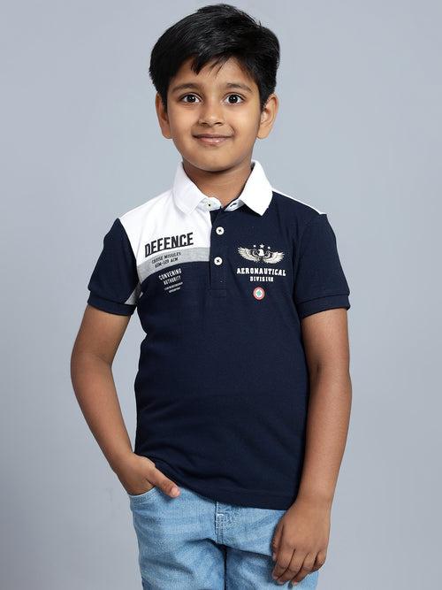 Cantabil Boy's Navy Blue Color Block Polo Neck T-shirt