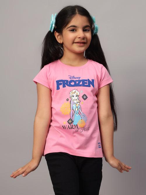 Cantabil Girl's Pink Printed Round Neck Half Sleeve T-shirt
