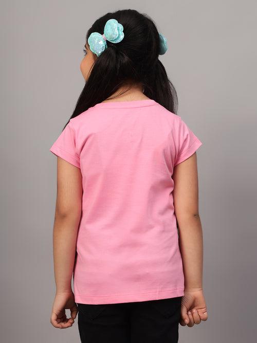 Cantabil Girl's Pink Printed Round Neck Half Sleeve T-shirt